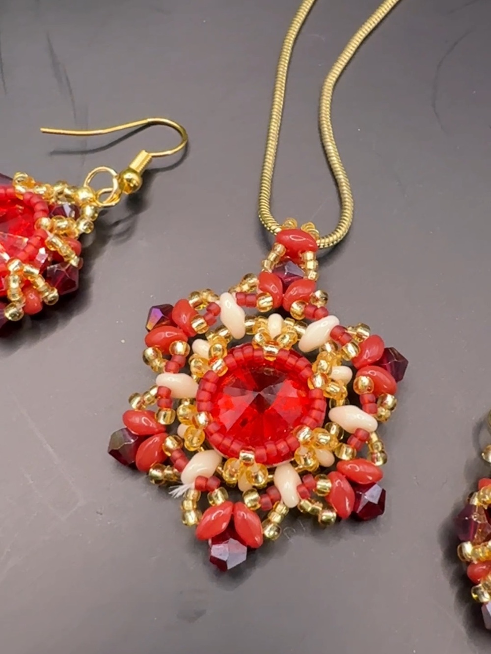 Red Crystal Beaded Pendant Necklace with Gold Accents
